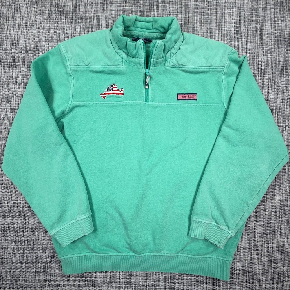 Vineyard Vines Mens L Green Shep Shirt Quarter Zip Sweatshirt USA Flag Patch